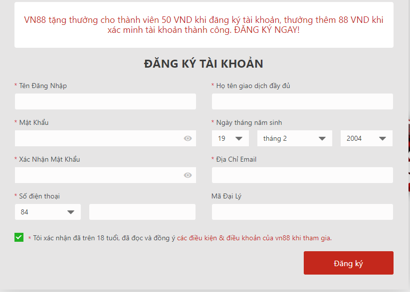 Cổng đăng ký tài khoản tại VN88.