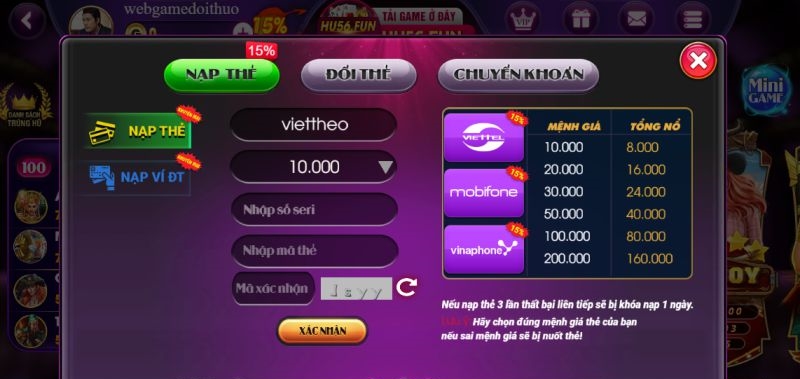 68 game bài Các bước nạp thẻ Hu56 Fun nhanh chóng